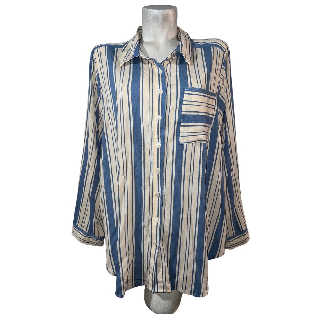 Torrid Women Blue Cream Striped Button Down Shirt Long Sleeve Plus Size (3) 3X